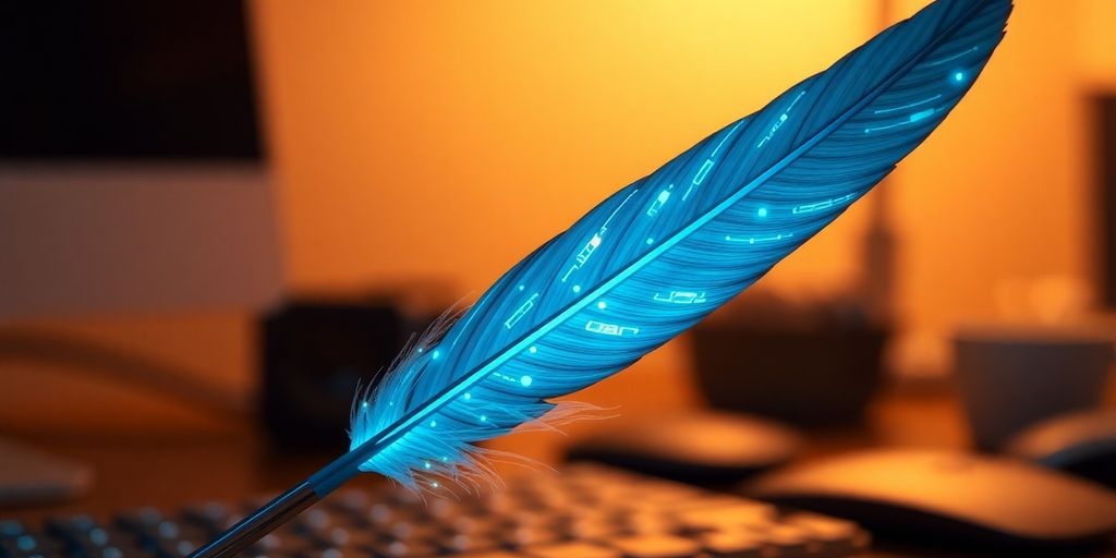 Glowing quill pen with AI circuit patterns.