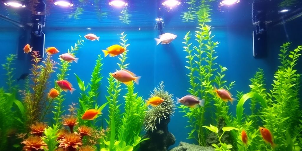 Acuario colorido con iluminación diversa y peces.