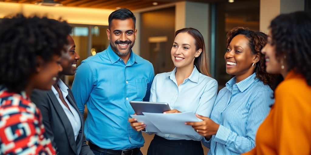 Customer service team assisting business clients in an office.