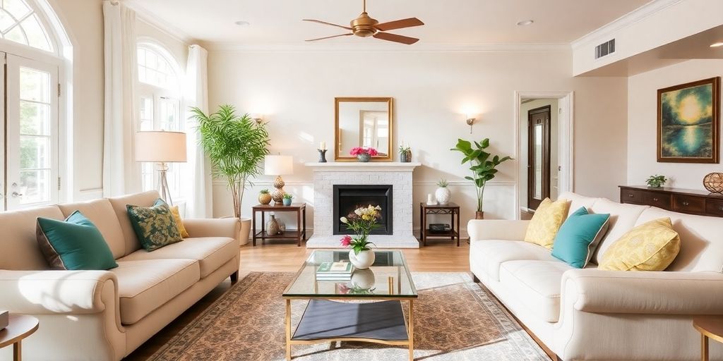 Bright living room with restored furniture and decor.
