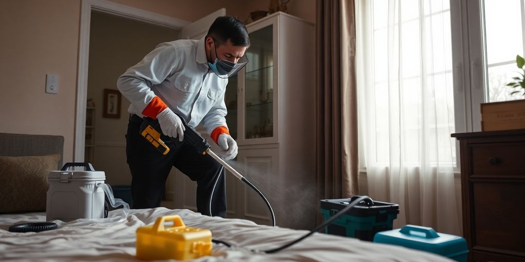Profesional de dezinsectie aplicand tratament impotriva ploșnițelor.
