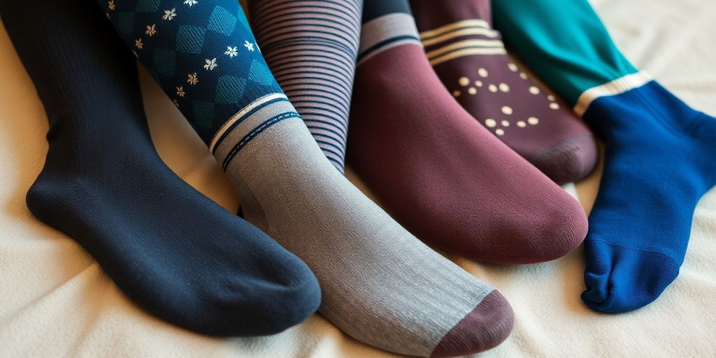 Colorful compression socks displayed on a soft surface.