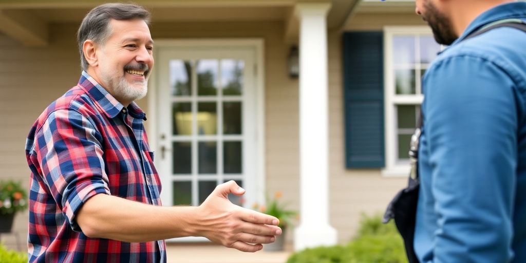 Homeowner shaking hands with HVAC technician.