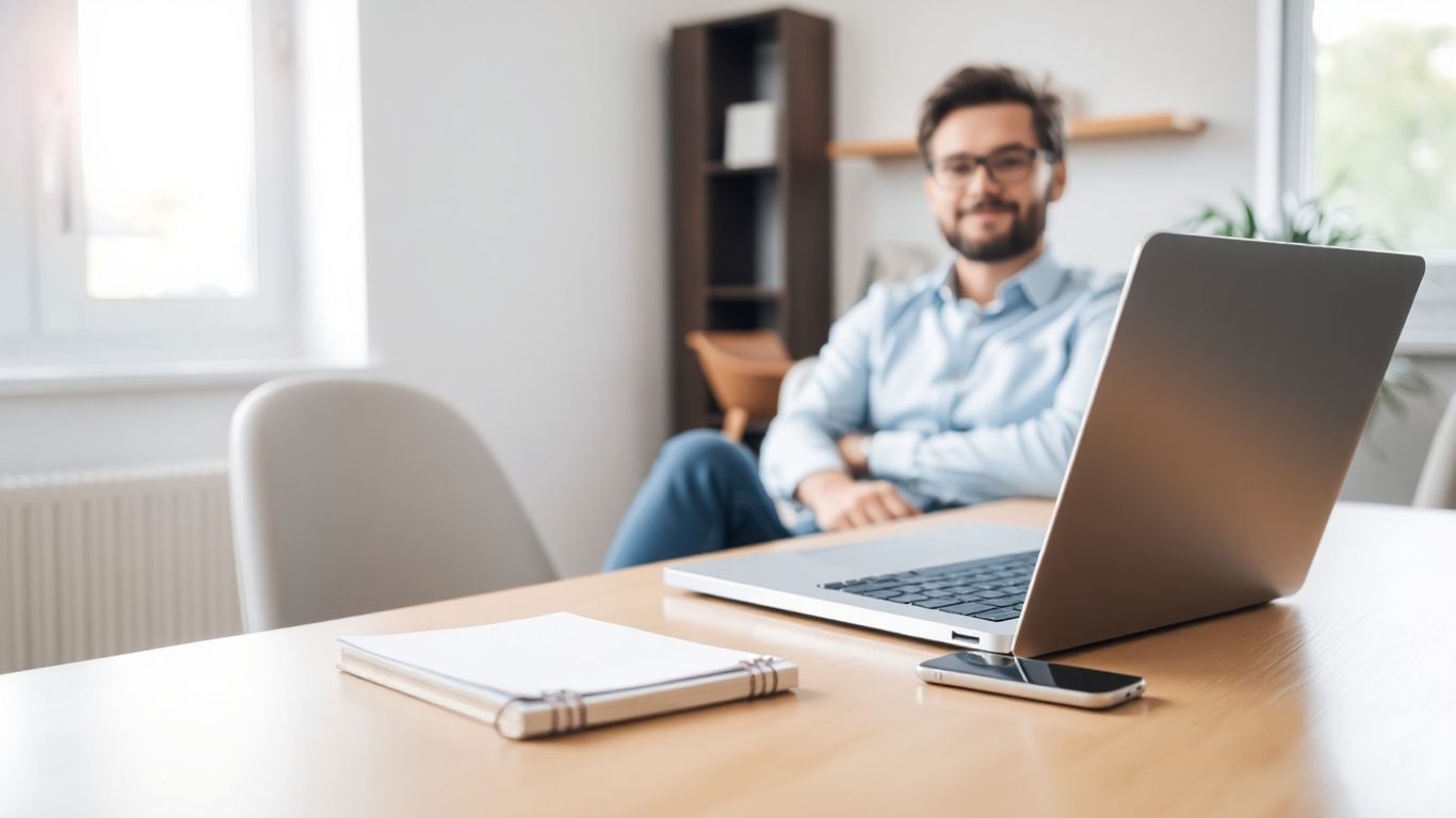 Person at tidy desk working in bright home office