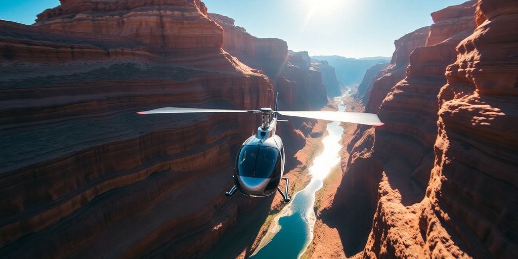 A modern helicopter soaring above the vast Grand Canyon.
