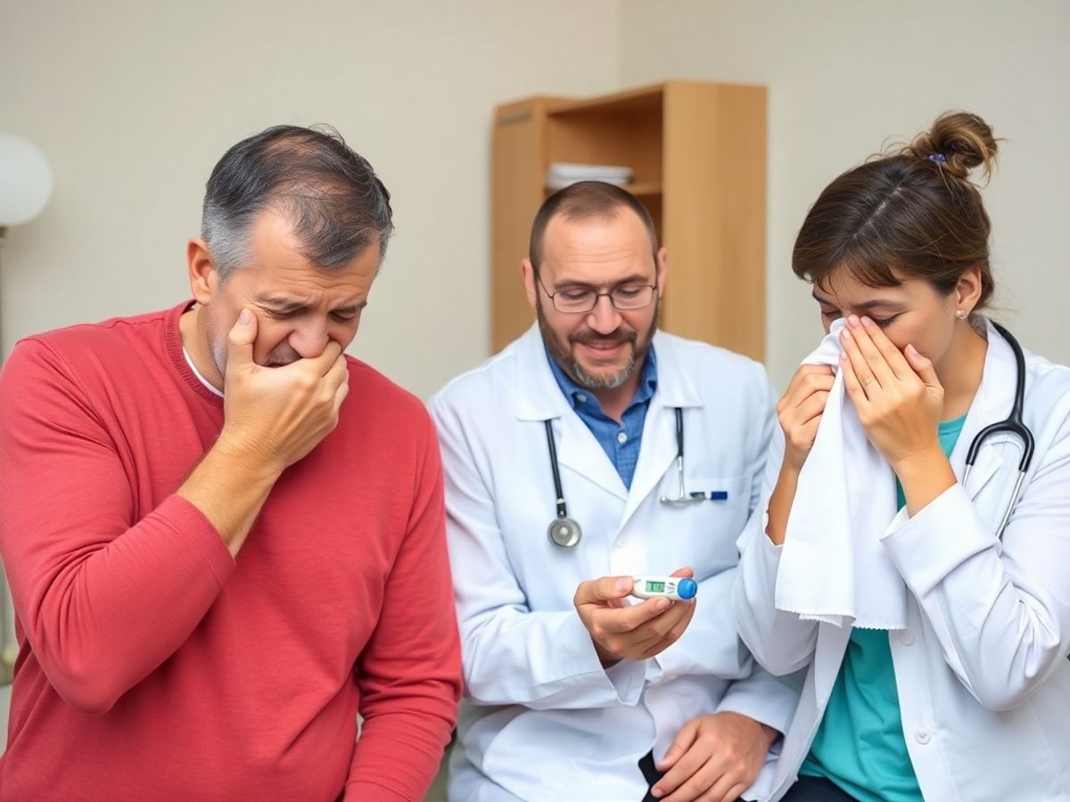 Doi oameni bolnavi strănutând în fața unui doctor.