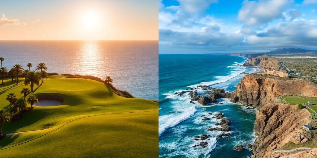 Lush green golf course with ocean view contrasting two price points.