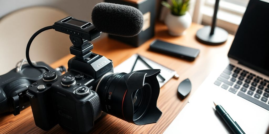 Photography of blogging and vlogging equipment on a desk.