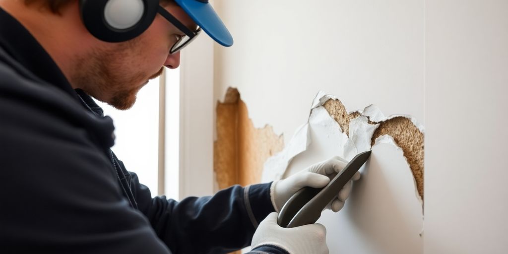 Technician inspecting water damage in residential area.