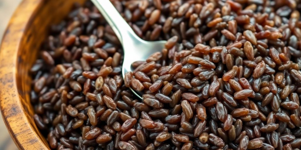 A bowl of cooked wild rice with a spoon.