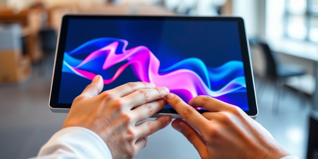 Manos sosteniendo una tableta brillante con gráficos.