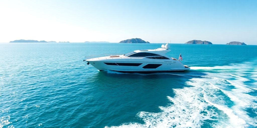 Luxury yacht cruising calm blue waters, sunny day.