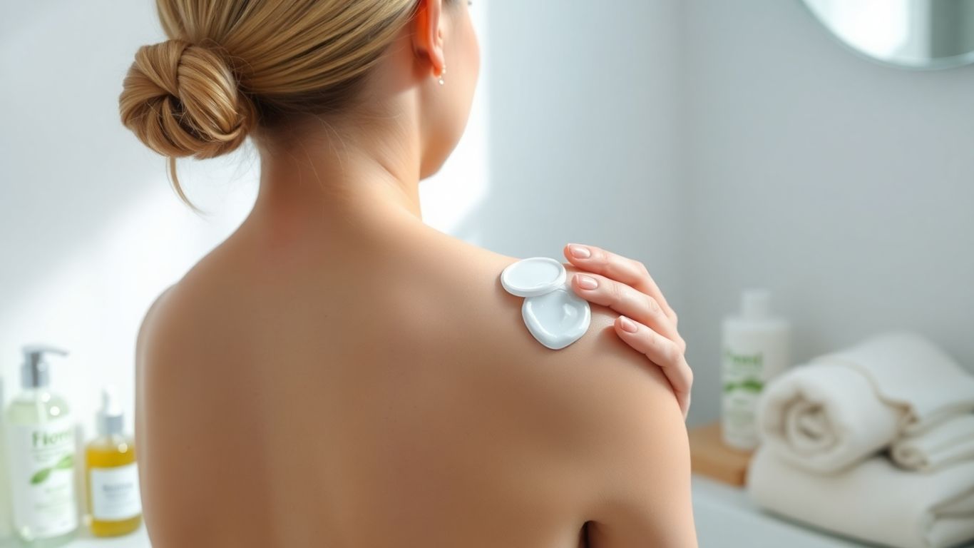 Person applying moisturizer to clear back in bathroom