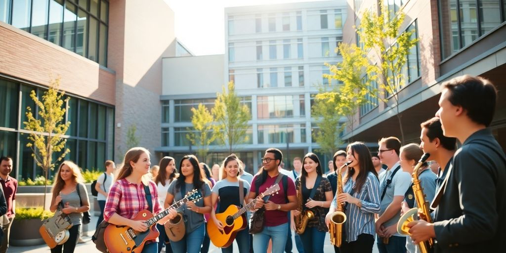 Students play instruments on Berklee's modern campus.