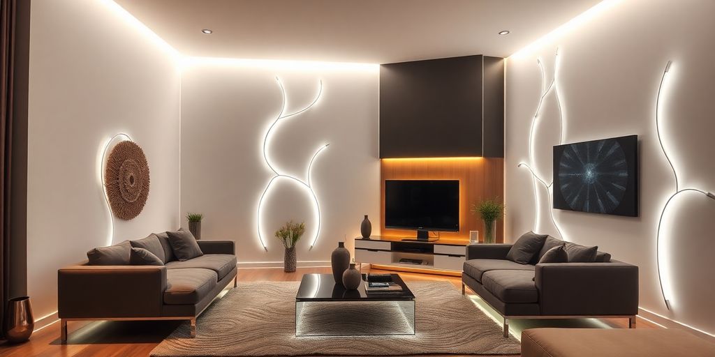 Modern living room with stylish LED wall lighting.