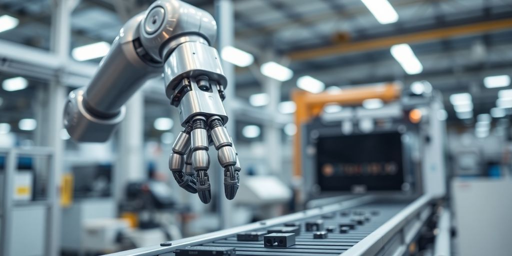 Robot arm assembling product in a factory.