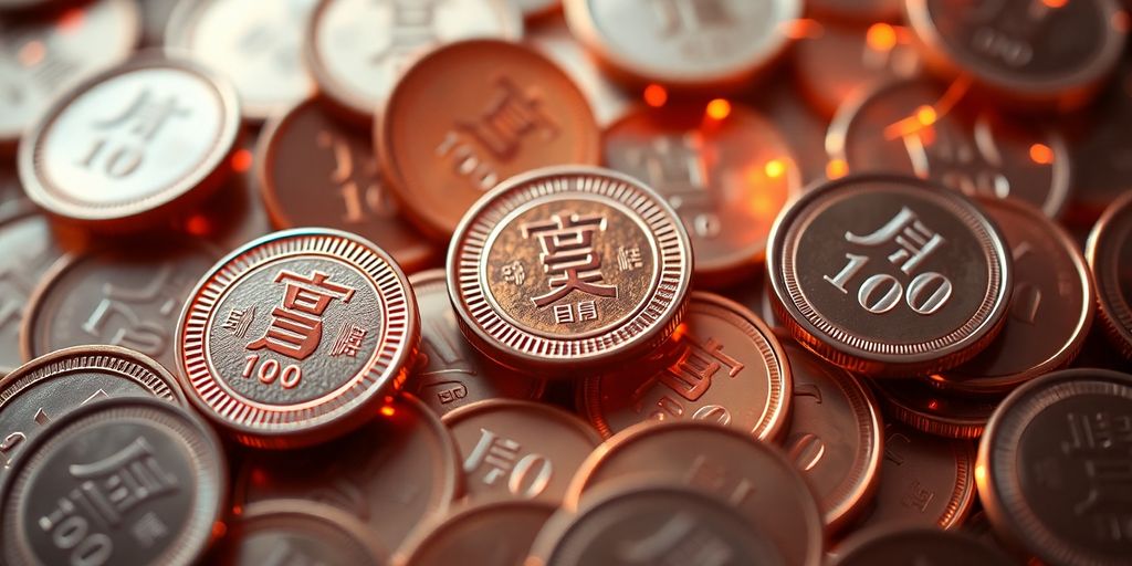 Japanese yen coins and abstract digital currency flowing.