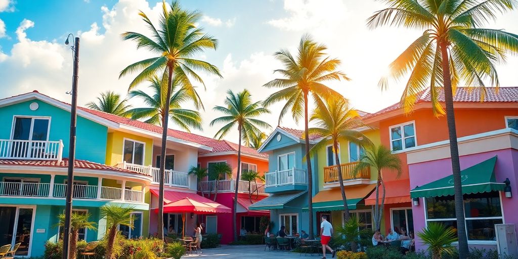 Vibrant Miami Dade neighborhood with colorful houses and palm trees.
