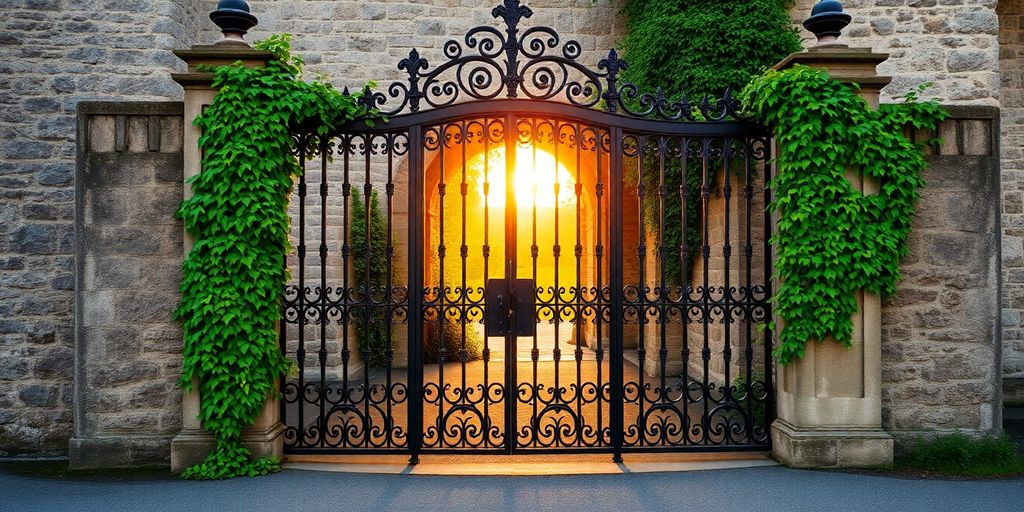 Elegant gate on a historic Cornish property at sunset.