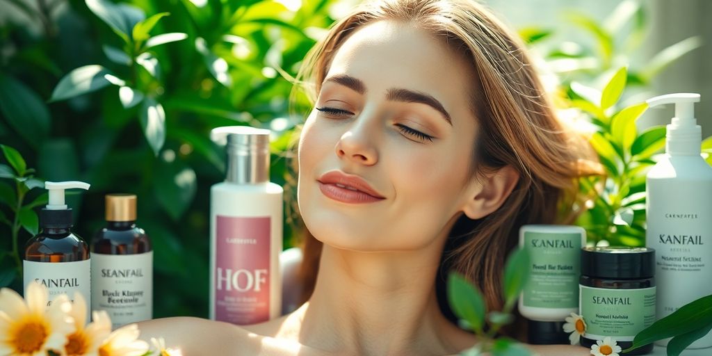 Glowing model with natural skincare products and greenery.
