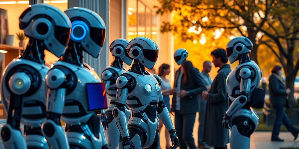 Humanoid robots interacting with people in daily settings.