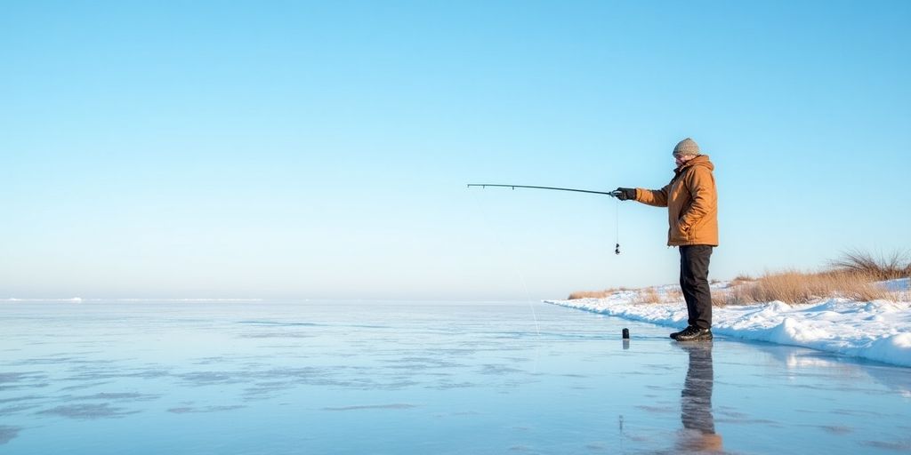Ice fishing on a frozen lake in winter.