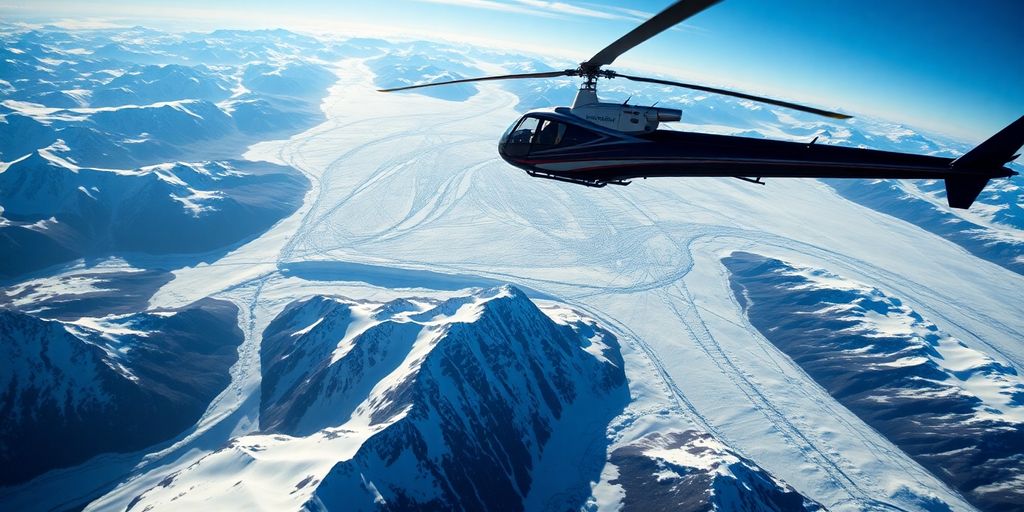 A red helicopter flies over Alaskan glaciers and mountains.