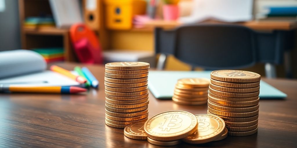 Pièces d'or sur une table avec des fournitures scolaires.