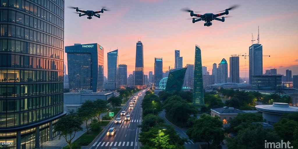 Futuristic city skyline with innovative architecture and greenery.
