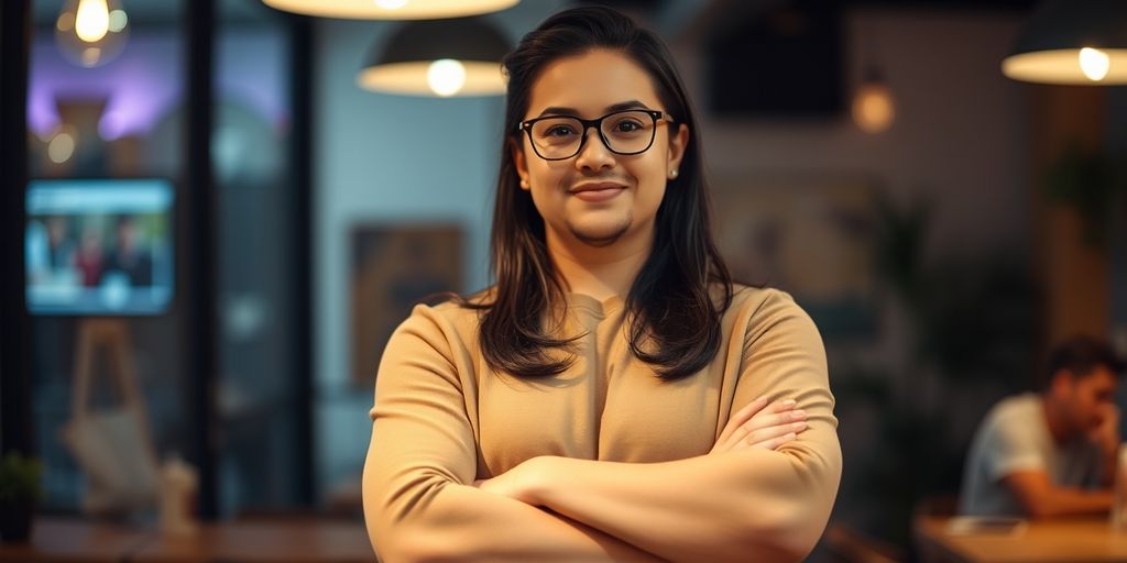 Confident person with arms crossed in a casual setting.