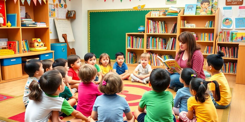 Children listening to a teacher tell a moral story.