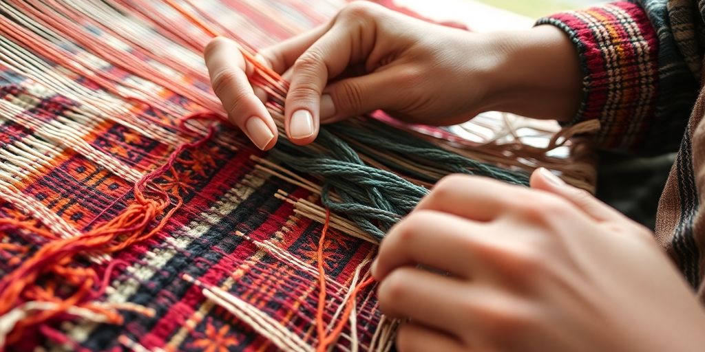 Artisan hands weaving colorful, intricate indigenous textiles.
