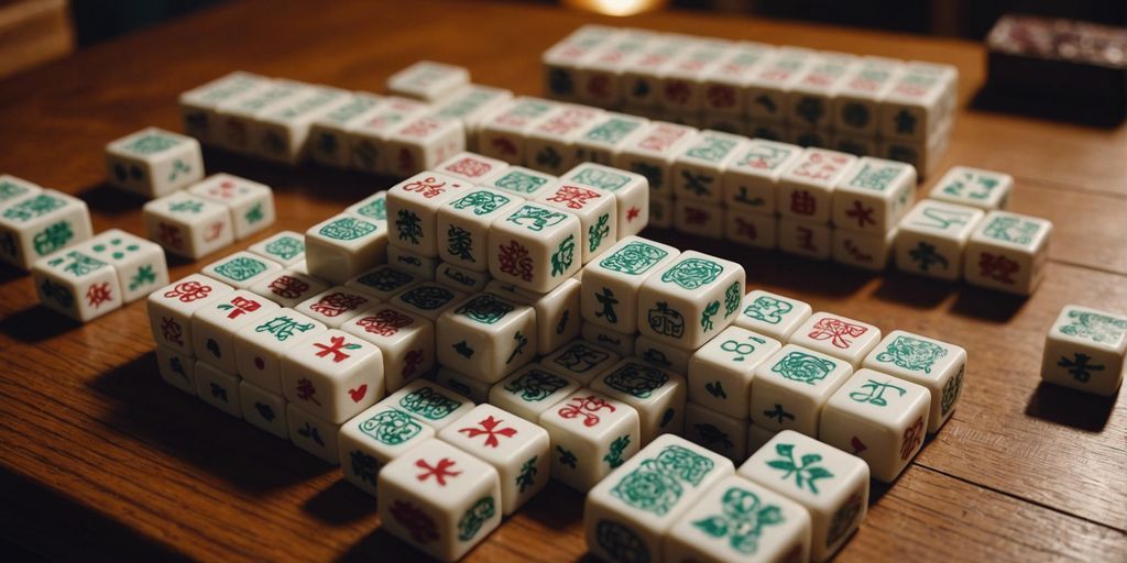 Beautifully arranged Mahjong set with intricately designed tiles on a wooden table, perfect for game night.