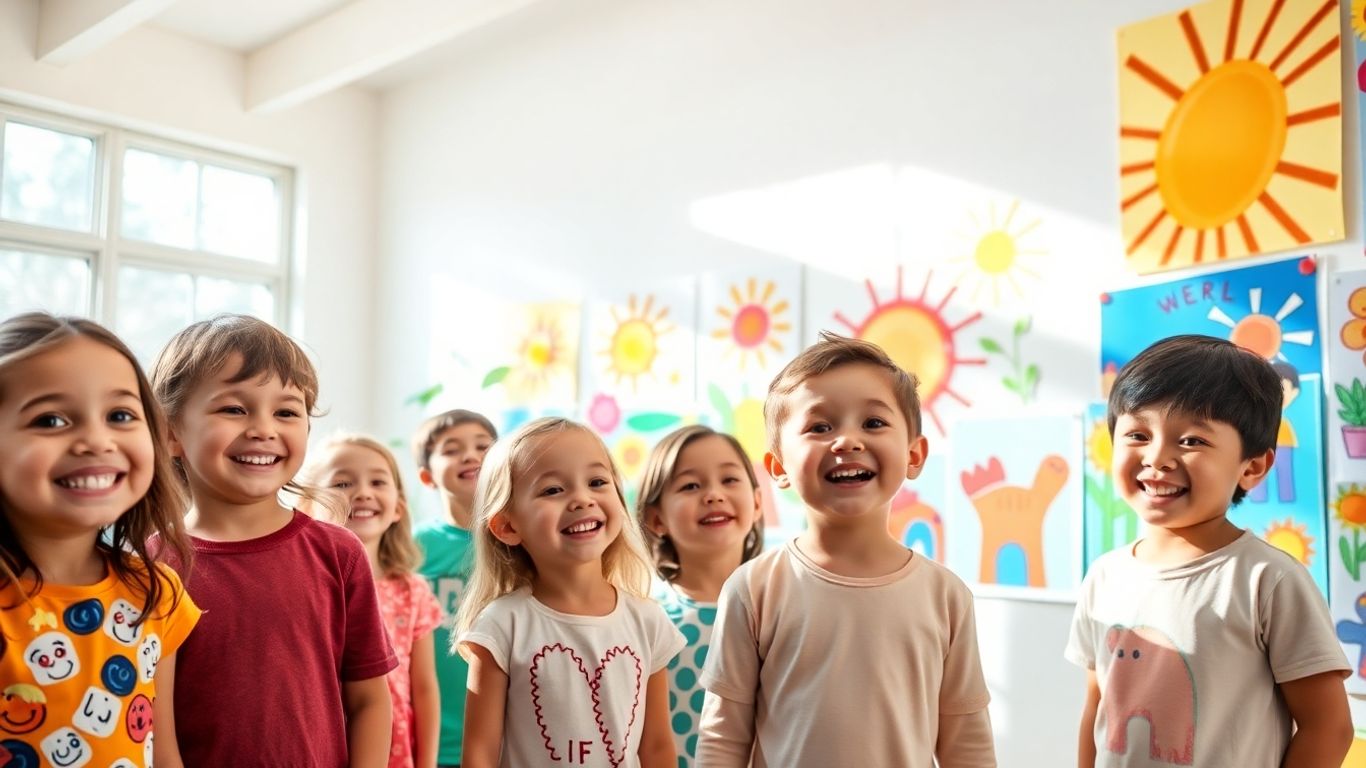 Children smiling with colorful, inspiring art.