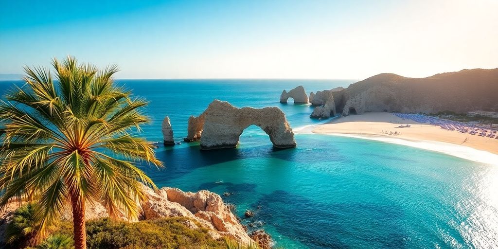 Cabo San Lucas beach with arch and palm trees.