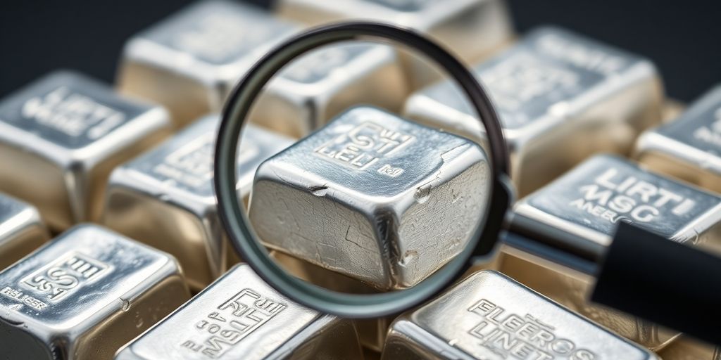 Lingots d'argent brillants et une loupe.