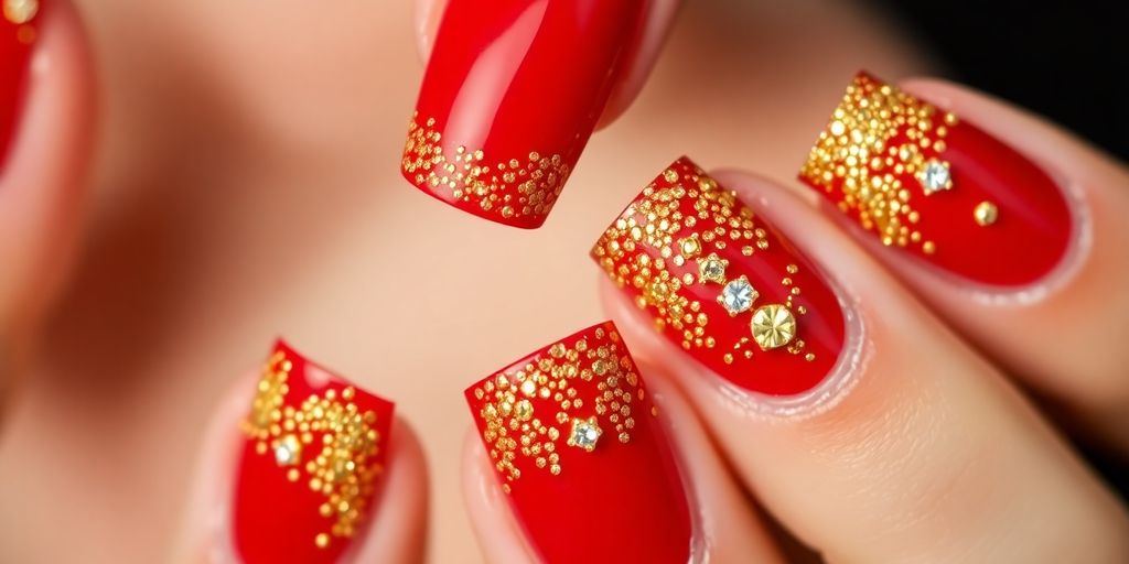 Unhas vermelhas com glitter e pedrarias douradas.