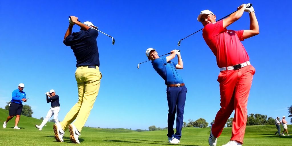 PGA Tour players swinging clubs on a sunny golf course.