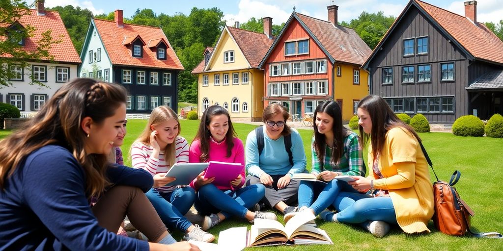 Group of students studying outdoors in Sweden.