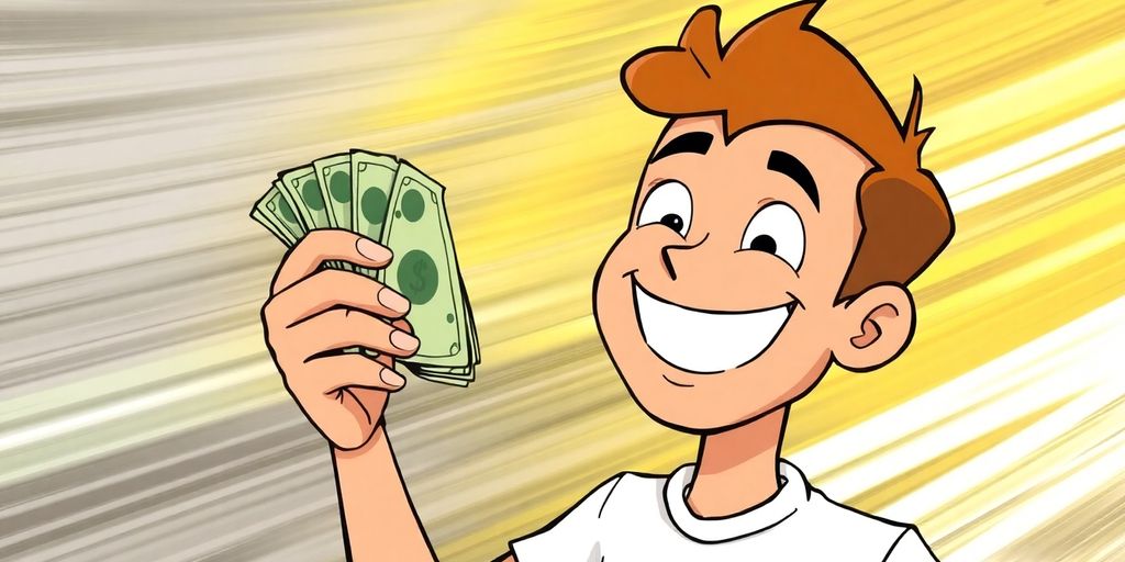 Happy person with cash, quick loan.