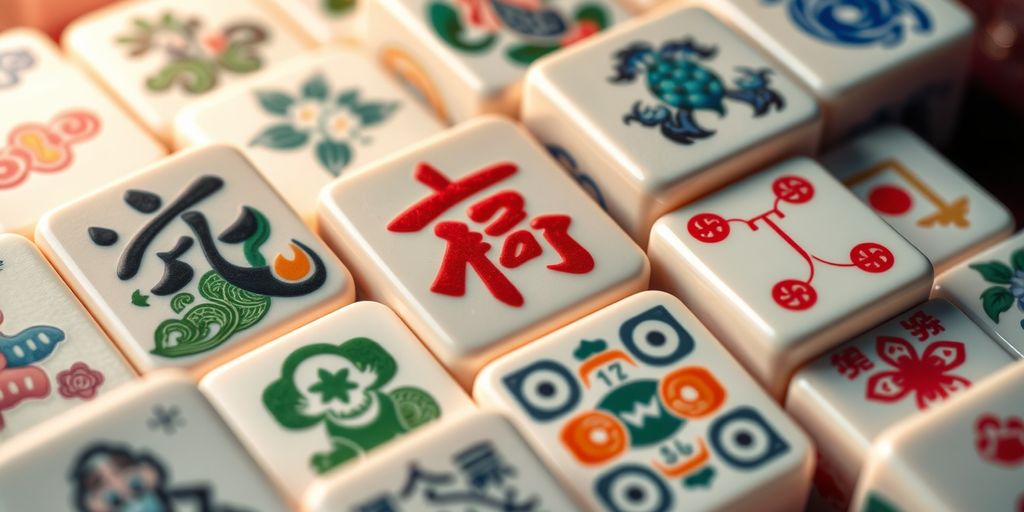 Close-up of colorful Mahjong tiles in a pattern.