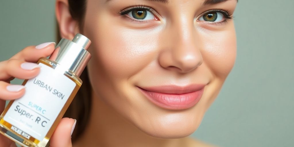 Woman with glowing skin holding Urban Skin Rx bottle.