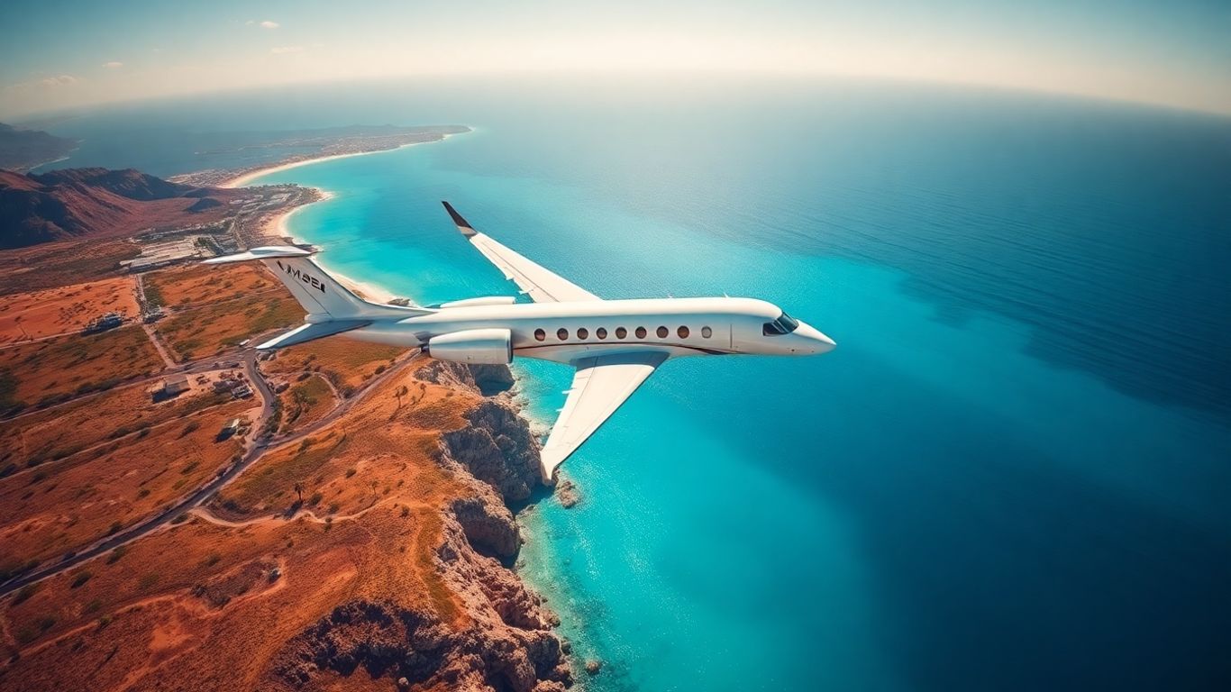 Private jet flying towards Cabo San Lucas coast.