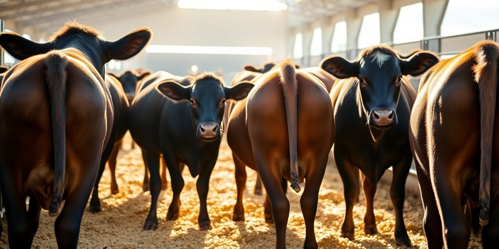 Cattle in a feedlot eating grain.