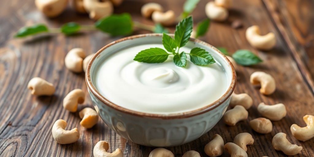 Creamy cashew cream with cashews on a wooden table.