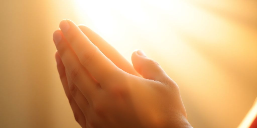 Person praying, sunlight, warm colors