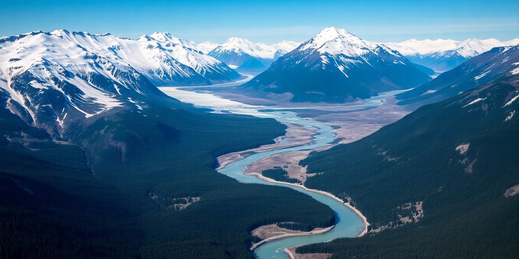 Aerial view of snow-capped mountains and glaciers in Alaska.
