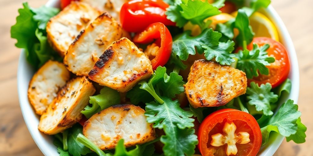 Colorful salad bowl with chicken and vibrant vegetables.