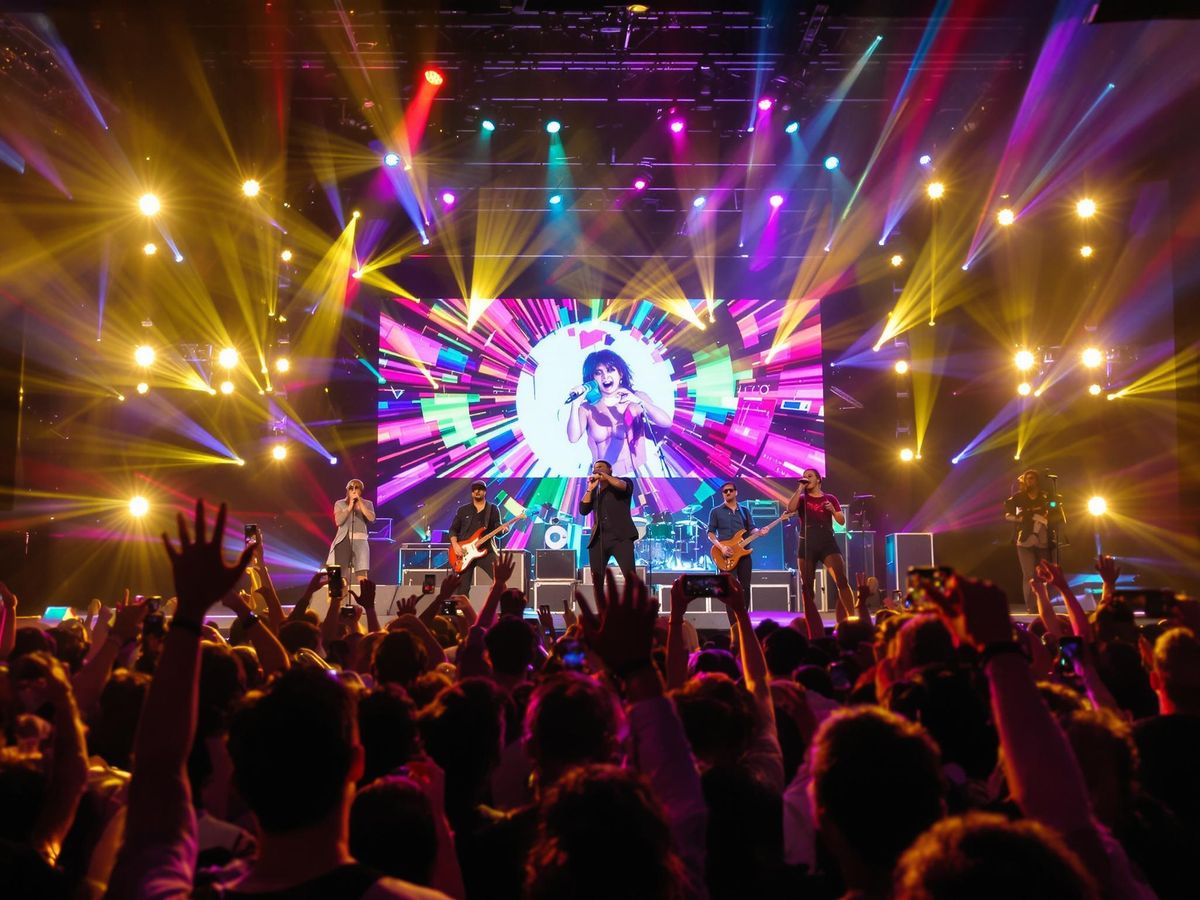 Musicians performing live with fans enjoying the experience.