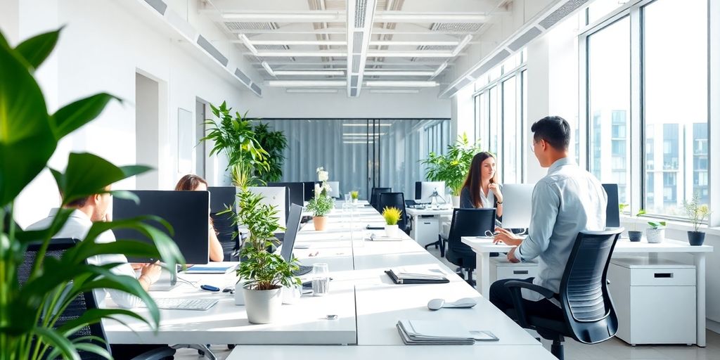 Bright office space with employees in a clean environment.